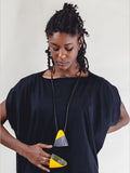 YELLOW, BLACK AND WHITE TRIANGLE NECKLACE WITH BLACK LEATHER, DESIGNS BY SONIA