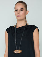 DESIGNS BY SONIA, WIDE SHAPE BURNT WOOD AND ITALIAN LEATHER ADJUSTABLE, NECKLACE