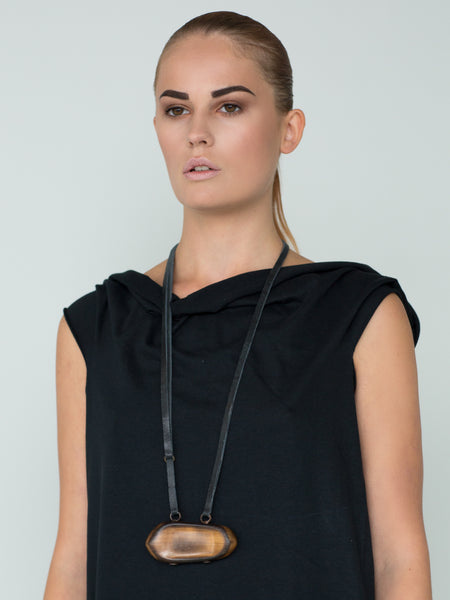 DESIGNS BY SONIA, WIDE SHAPE BURNT WOOD AND ITALIAN LEATHER ADJUSTABLE, NECKLACE