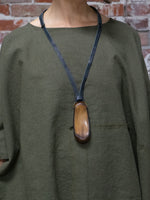 DESIGNS BY SONIA, LONG SHAPE BURNT WOOD AND ITALIAN LEATHER ADJUSTABLE, NECKLACE